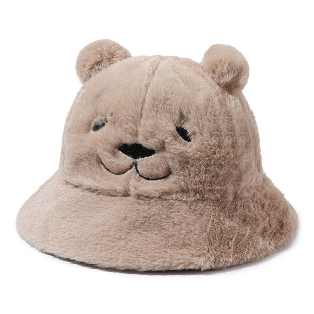 

Женская рыбацкая кепка с мультяшным медведем, панамская кепка, плюшевая шляпа-ведро, зимняя теплая хаки