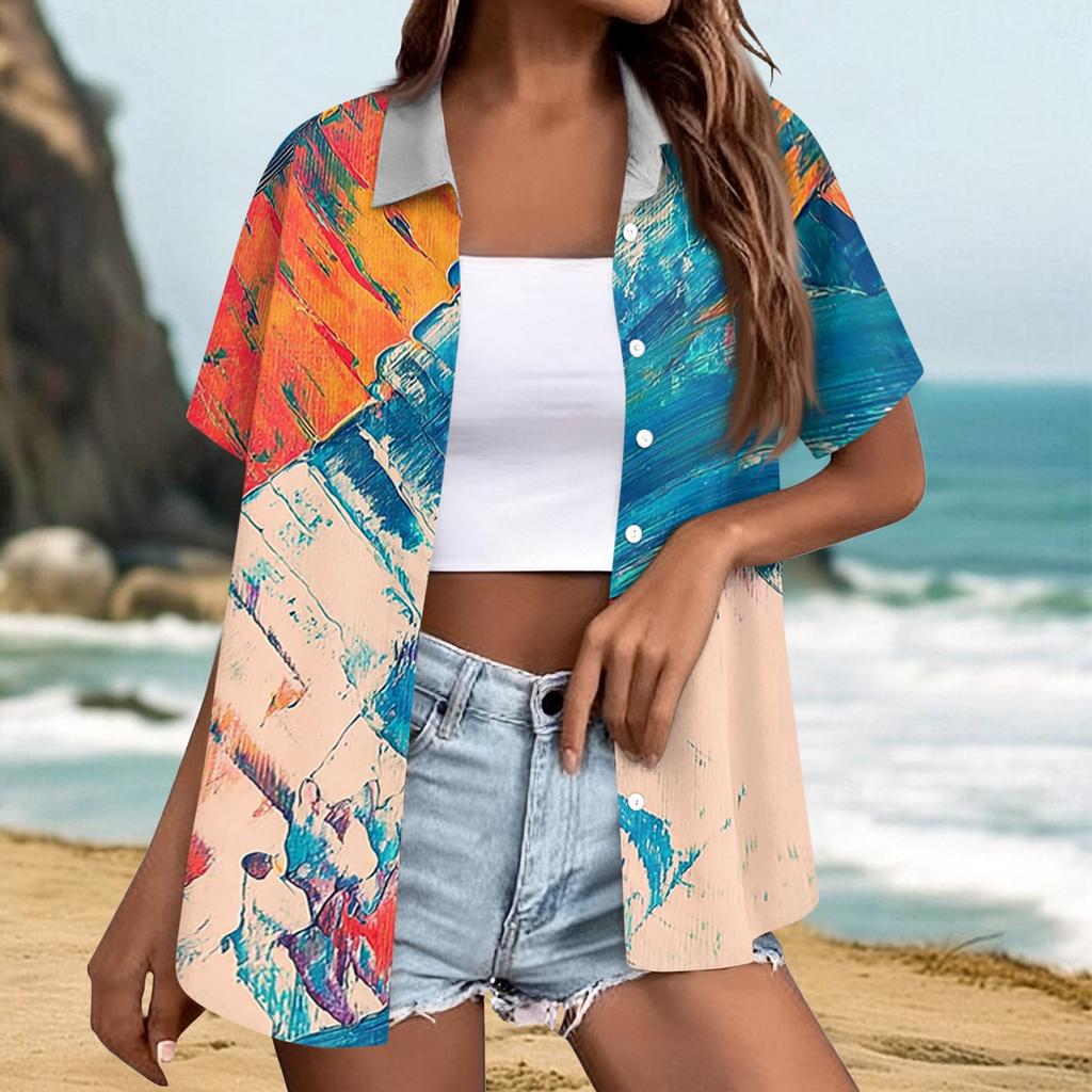 Women's Casual Summer Beach Shirt Short Sleeve Button Down Lightweight Textured Printed Blouse Relaxed Fit Vacation Top
