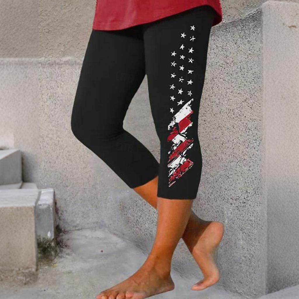 Women's Elastic Waist Capri Pants with Patriotic Heart Print Stretchy Fit Mid-Calf Length Casual Beach Bottoms
