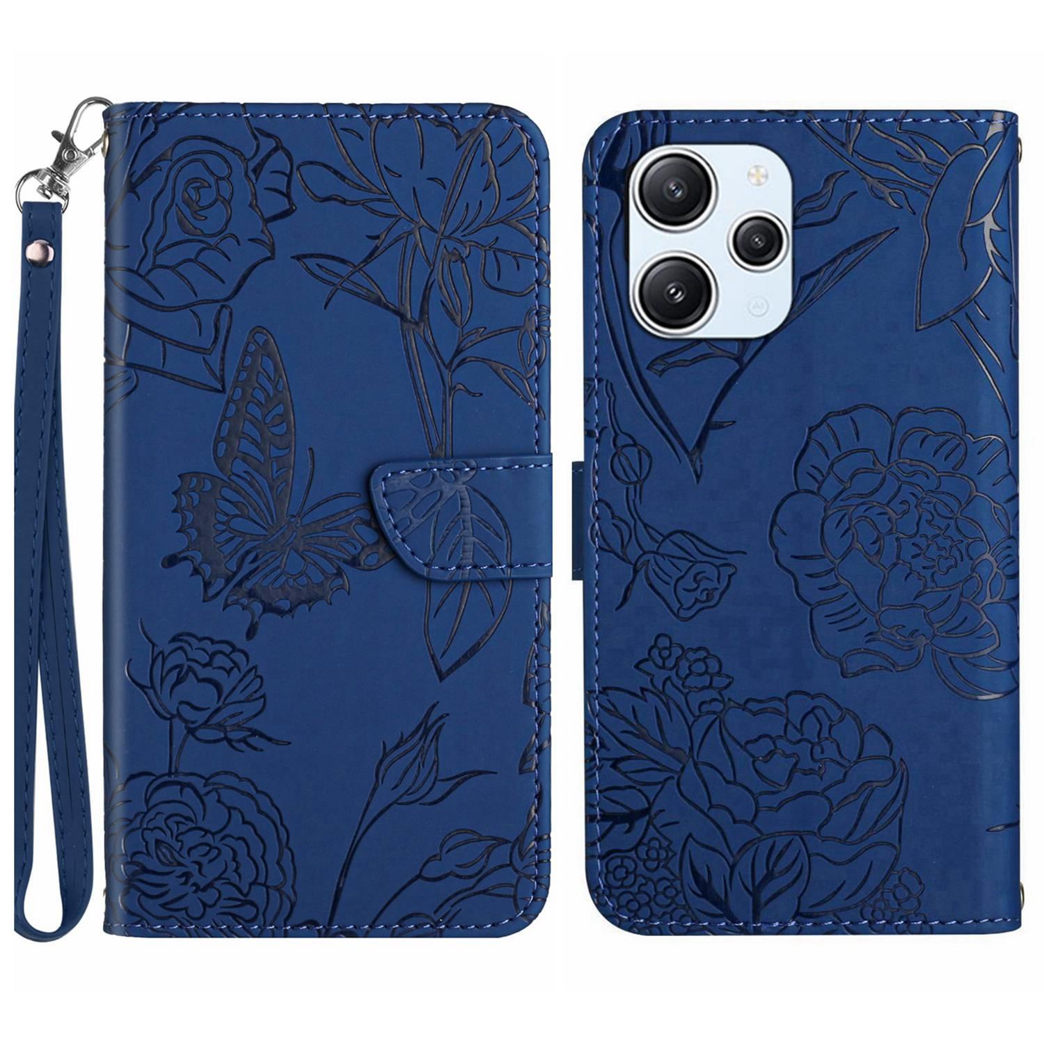 

HT03 Wallet Stand Phone Cover for Xiaomi Redmi 12 4G Imprinted PU Leather Phone Case with Wrist Strap Blue