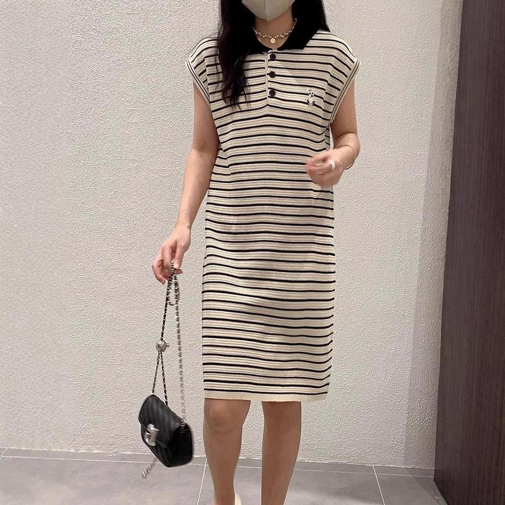 Women's Summer Striped Sleeveless Knitted Polo Collar Dress