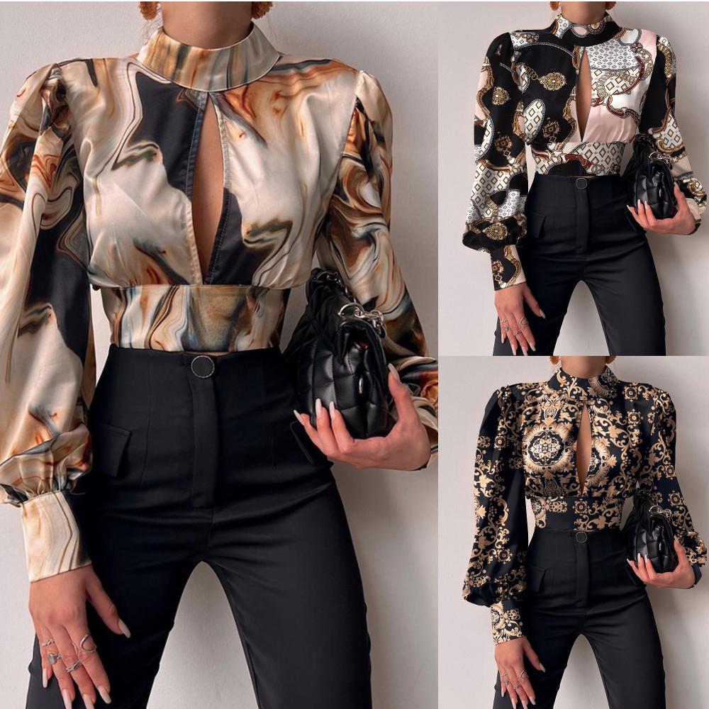 European & American Style Stand Collar Lantern Sleeve Open Back Cutout Print Shirt