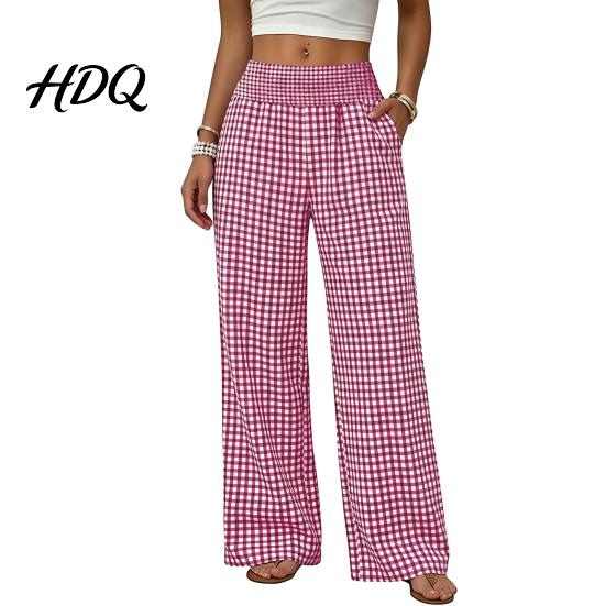 Relaxed Fit Pants Women Striped Wide Leg Pants Summer Elastic Waist Casual Trousers Trousers Breathable Loose Palazzo with Pockets Soft Lounge
