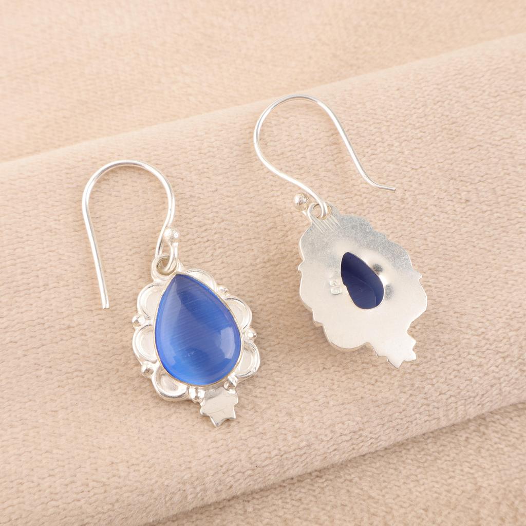 Dark Blue Cat's Eye Gemstone Earrings , 925 Solid Sterling Silver Designer Jewelry, Handmade Spiritual Earrings Gift For Sister