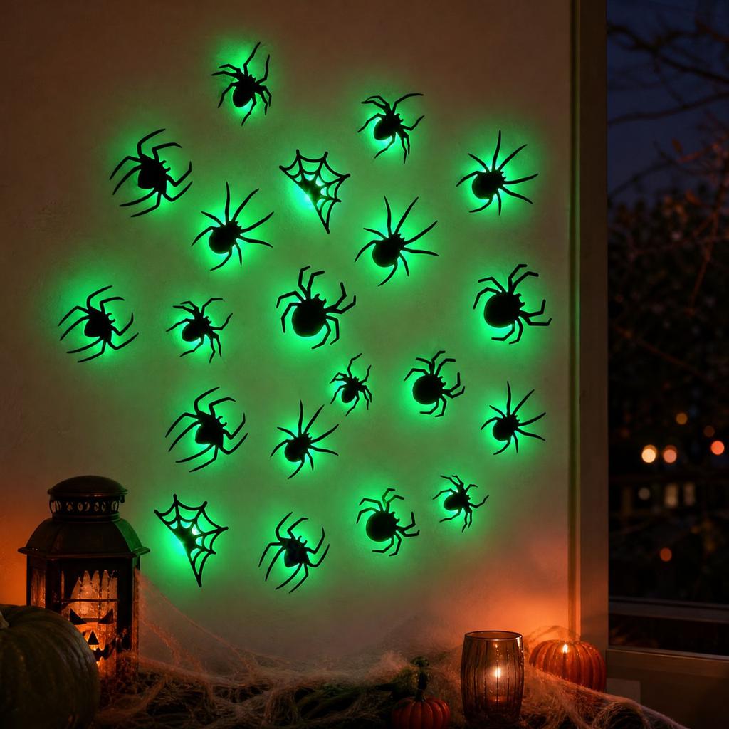 Halloween Wall Decor with Colorful Lights, Black Stickers and Self-Adhesive Stickers for House Party Window and Wall Decoration