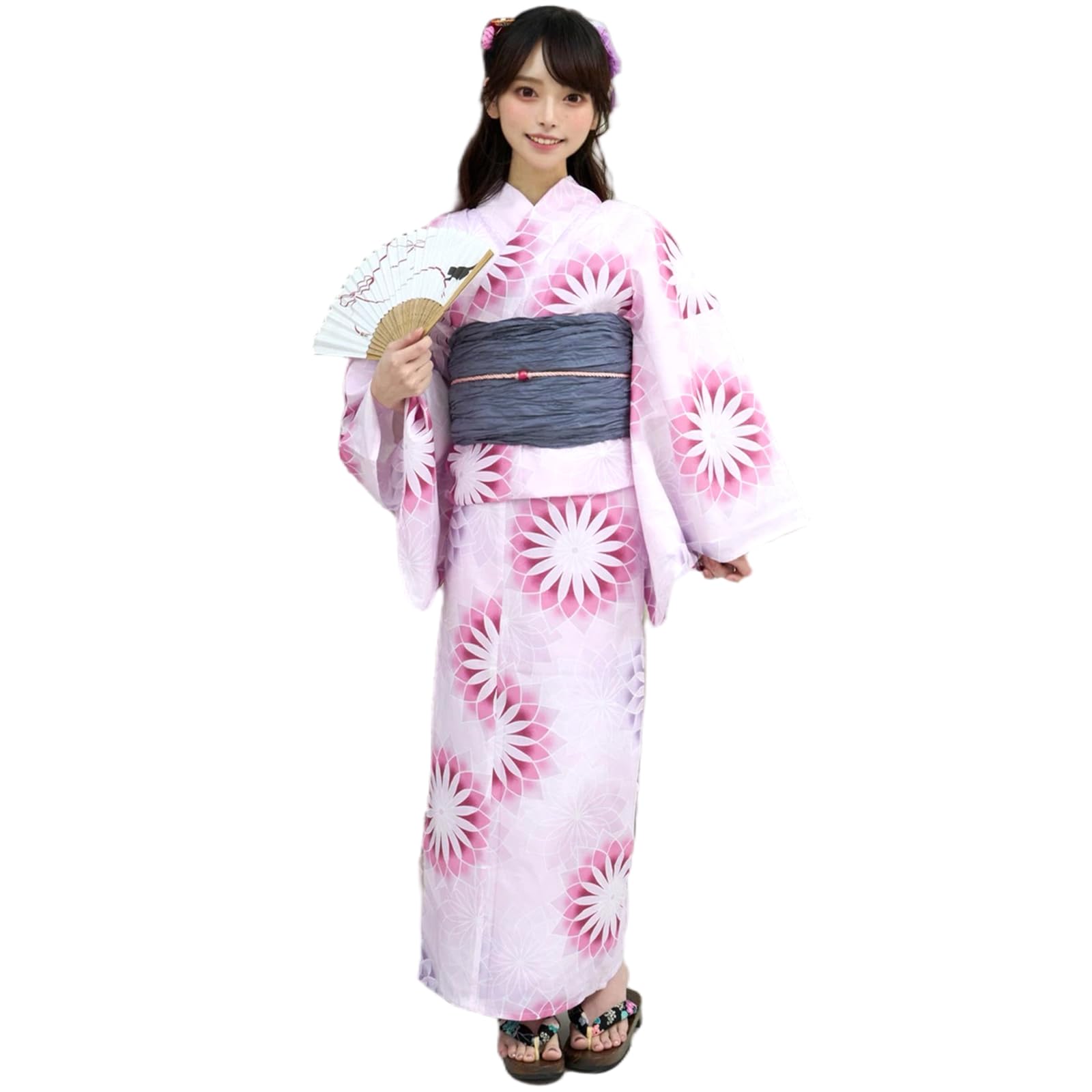 

RAVIR Yukata Set with a Gorgeous Geometric Floral Fluffy Obi and Geta One Size Fits All Women s 3-Piece Pattern, Belt, Sandals, Pink, рожевий