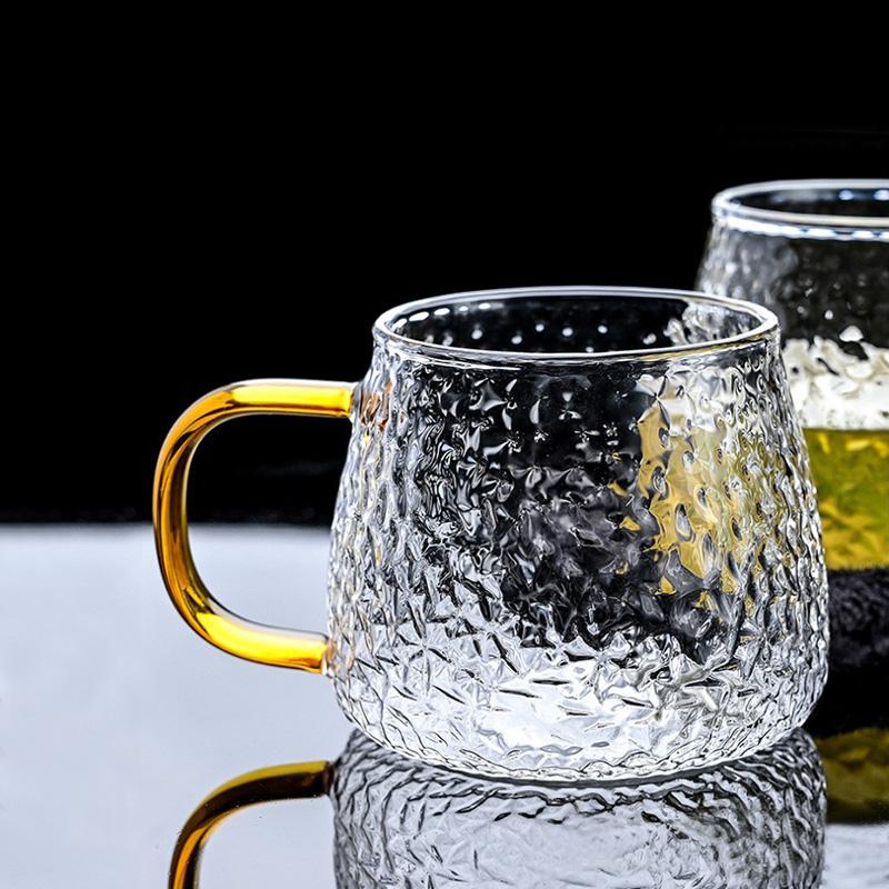 330ml Tea Cup with Yellow Handle Hammer Patterned Glass Mug Creative Beer Glass Classic Heat-resistant Water Cup Hospitality Mug