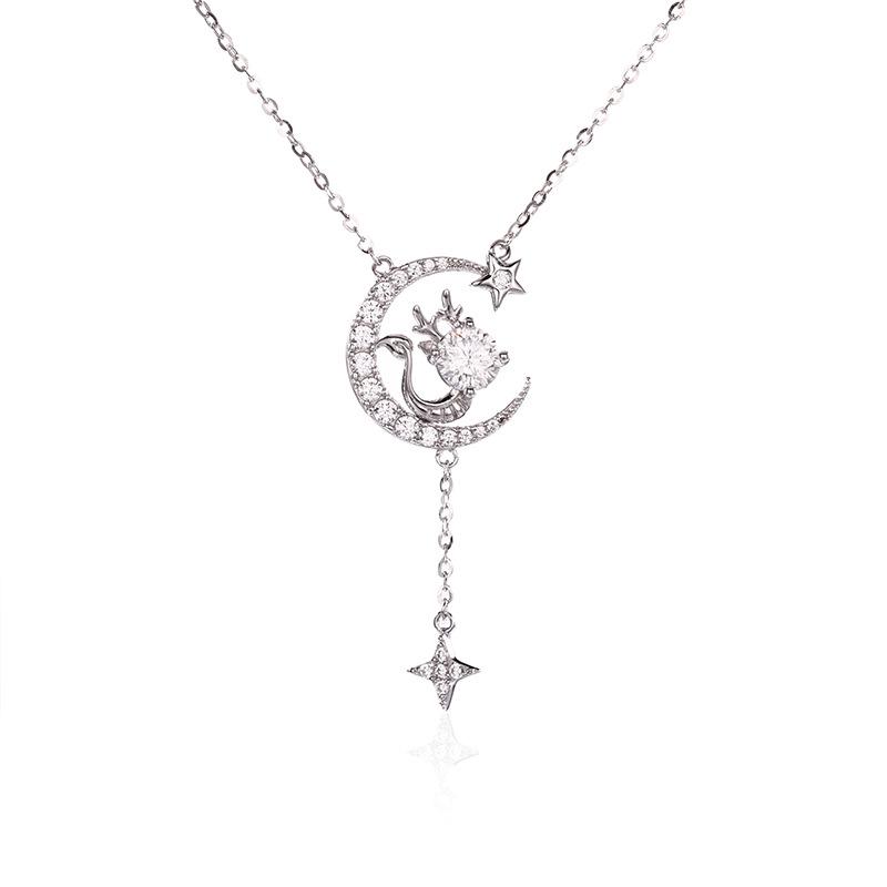 S925 Sterling Silver Moon Star Dragon Moissanite Pendant Necklace Tassel Style Sparkling Jewelry for Party Wedding Anniversary