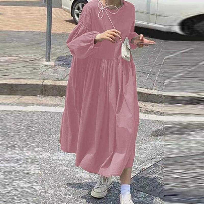 

ZANZEA Женское повседневное платье с круглым вырезом, длинными рукавами, свободного кроя, длинное XL розовый