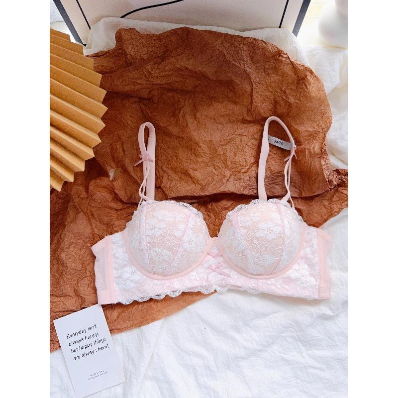 Ensemble Lingerie Dentelle Rose Française Sexy pour Femmes Soutien-gorge Push-Up Sans Armature Ajoute 2 Bonnets Soutien-gorge Push-Up Petit Buste Rassemblement Relevage Double Soutien