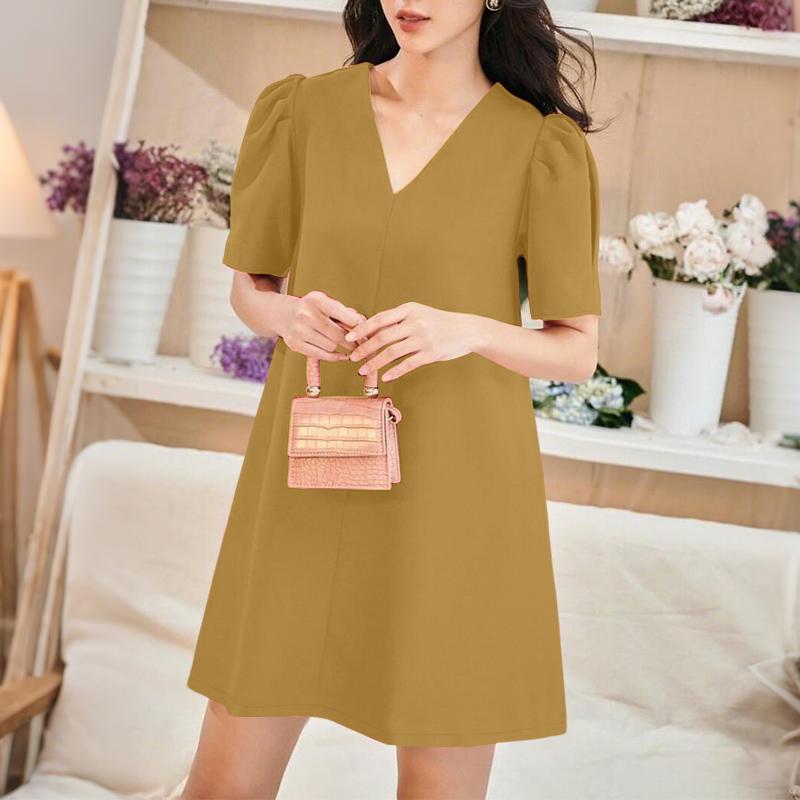 

ZANZEA Женское повседневное платье с V-образным вырезом, однотонное, летнее, с коротким рукавом 5XL хаки