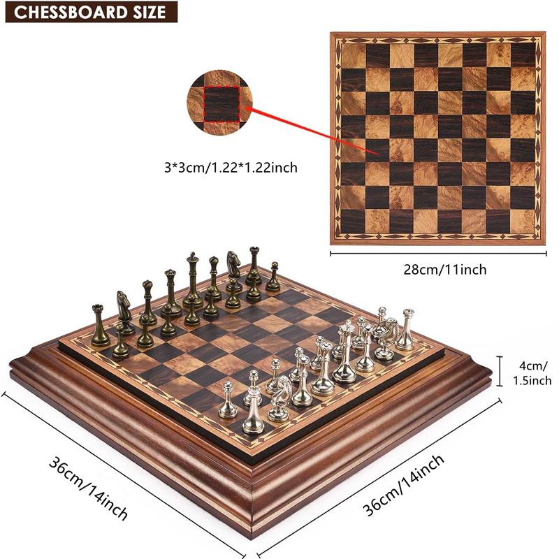 High End Desktop 36Cm/14 Inch Wooden Chess Set, Detachable Metal Chess Pieces King Height 6.3Cm Chess Storage/Gift Packaging