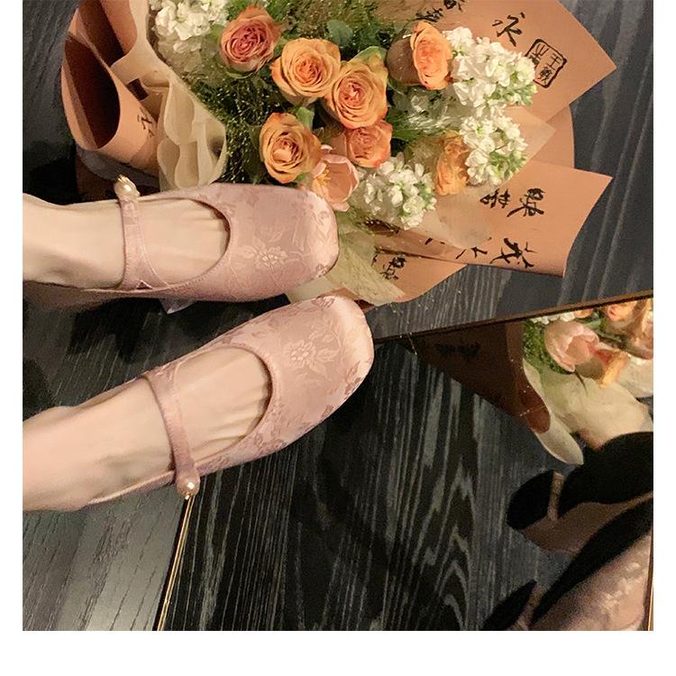 Fashion Flat Shoes for Women 2025 Spring and Autumn Pearl Square Toe Jacquard Mary Jane Women's Shoes