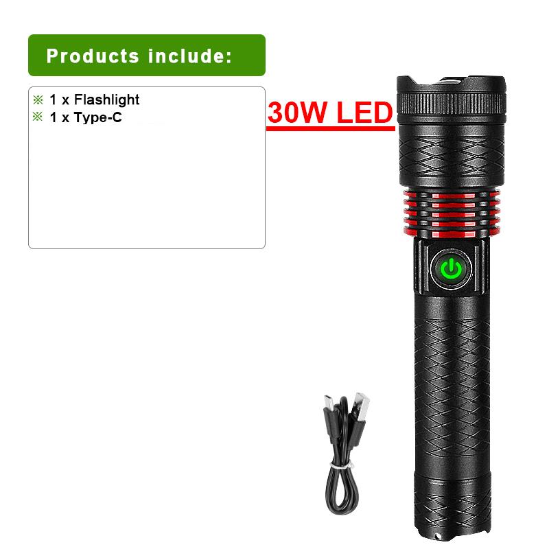 30W Strong Light LED Flashlight High Power Torch 4 Modes Super Bright Rechargeable Lamp Most Powerful Lantern Waterproof Torch Light