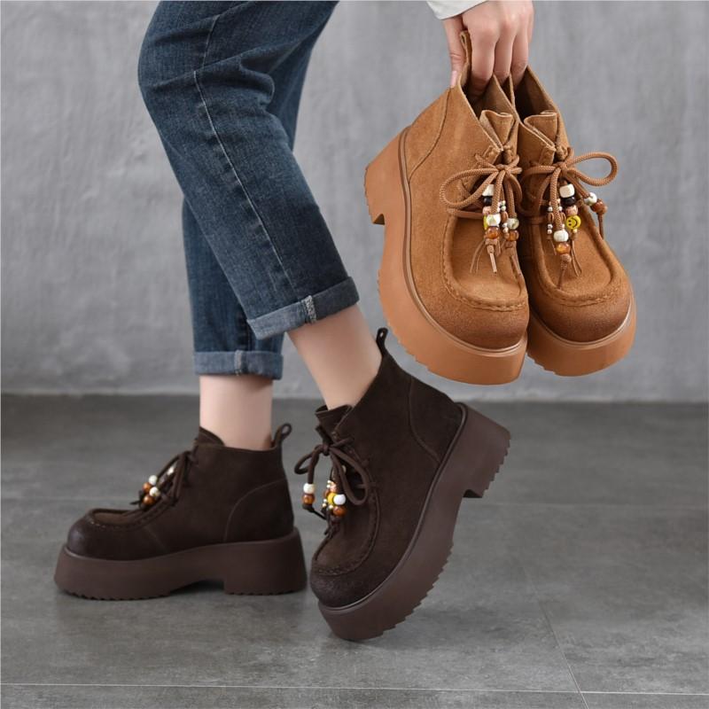 Johnature Thick Soled Handmade Beaded Round Toe Genuine Leather Short Boots Women's Lace-up Ankle Boots