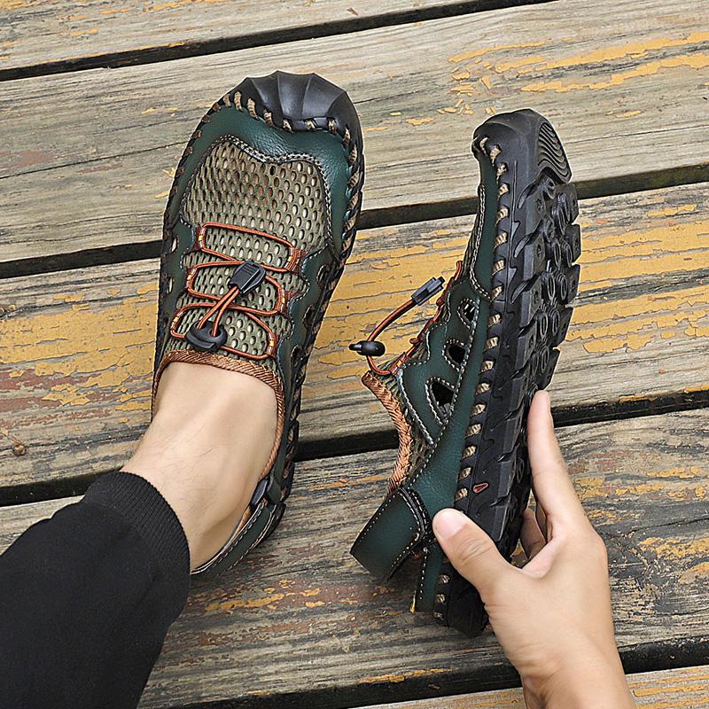 Mens Genuine Leather Sandals  Closed Toe Sandals Hand-stitched Summer Men Sandals Breathable Outdoor Men Beach Sandals