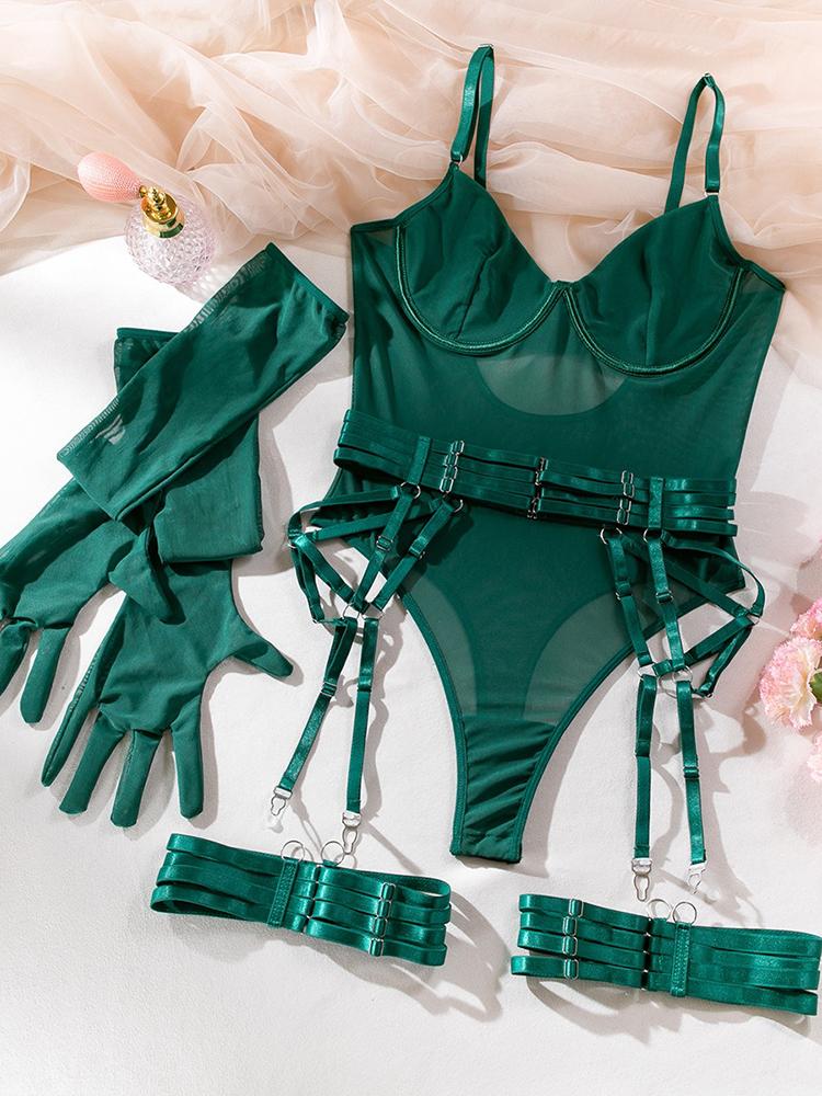 Tight Lingerie Lace Bodysuit Sexy See Through Erotic Bodysuit with Gloves Garter Night Clubwear Outfit Sissy Open Anal Mesh Top