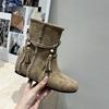 Vintage Suede Martin Boots Women's Shoes 2025 New Brown Maillard Slim with Skirt Woven Fringed Short Boots