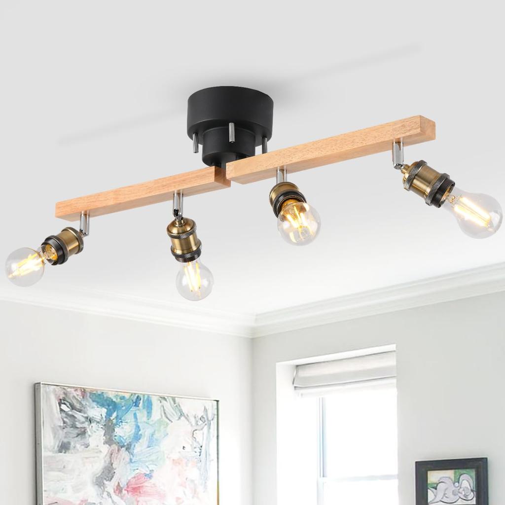 LVWIT 4-Light Pendant Ceiling Light with Dimmable and Color-Adjustable LED Bulbs (6W60W Equivalent), Wood Grain Finish, 806LM, Remote Control