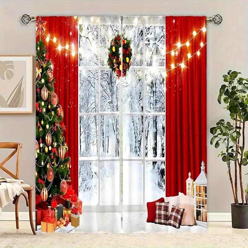 2pcs Festive Christmas Curtain Set-Snowman Pine Tree Design Polyester Rod Pocket, Machine Washable forLiving Room Bedroom Study