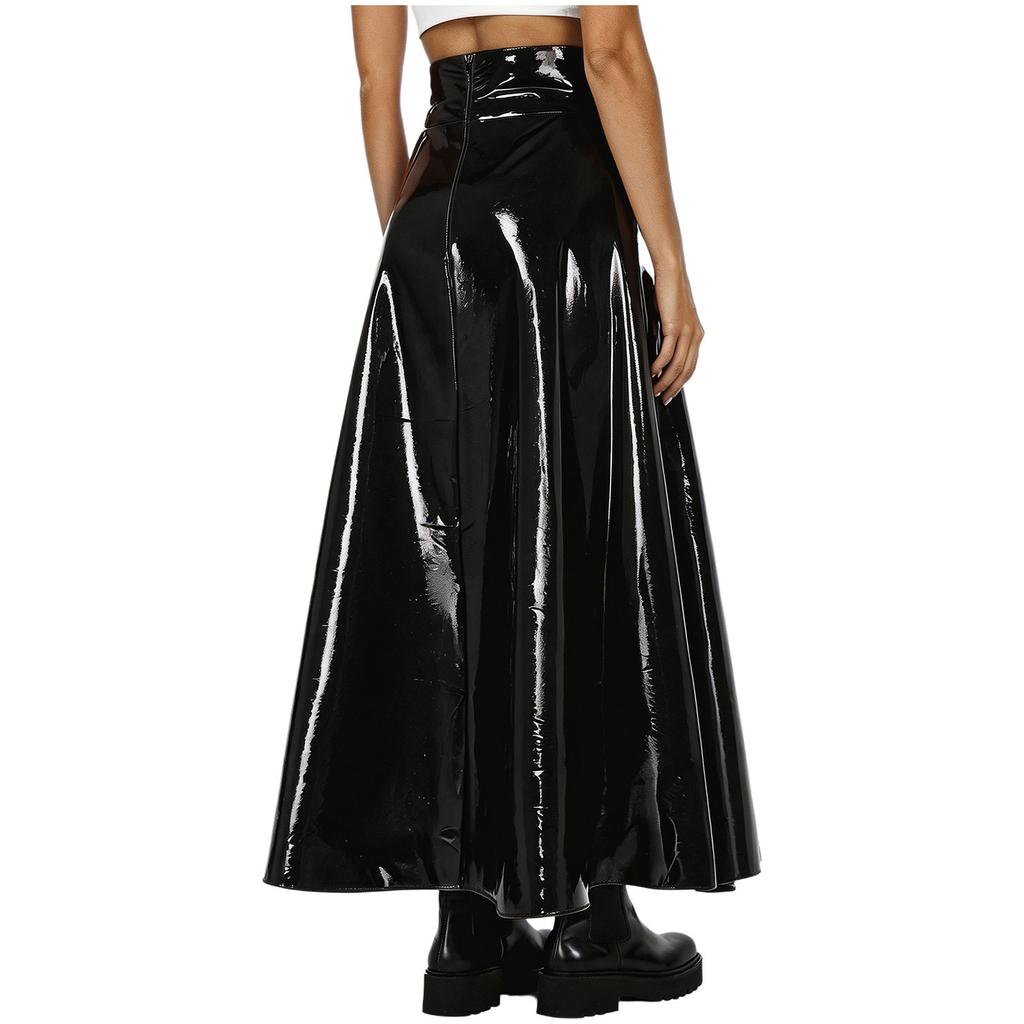 Damen Lackleder Hoher Schlitz Rock Hinten Unsichtbarer Reißverschluss Hohe Taille Minirock für Club Rave Musikfestival Karneval Party Ausgehen