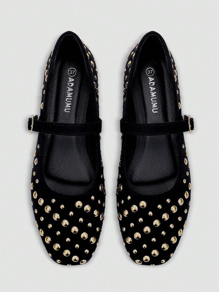 Brown Square Toe Mary Jane Flats with Large & Small Sequin Decorations and Single Strap Buckle