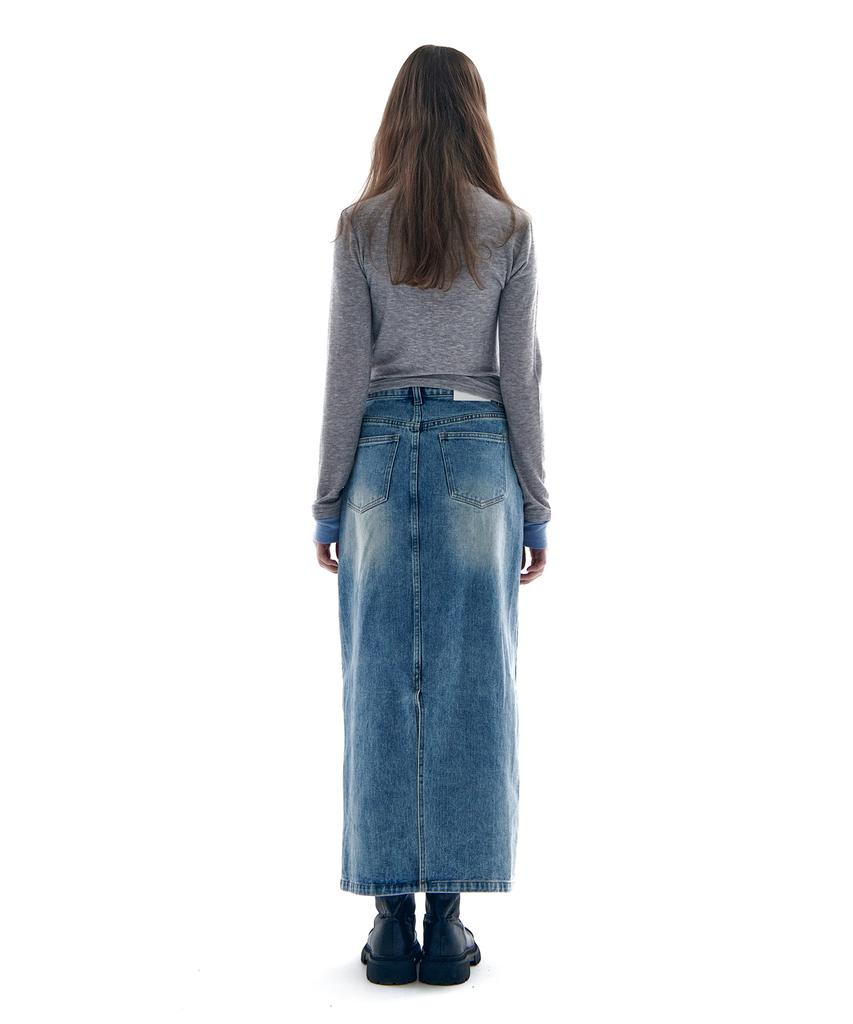 PLACE STUDIO Classic Vintage Washed Slit Long Denim Skirt [Light Blue]