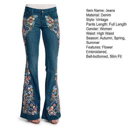 Women Jeans Washed Flower Embroidered Long Slim Fit High Waist Match Top