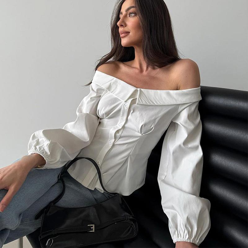 Camisa Branca Sexy Ombro Caído Blusas Femininas Slim Cor Sólida Cintura Marcada Manga Comprida Top Elegante Senhora de Escritório Nova Moda Primavera/Verão 2025