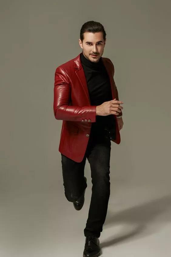 Real Lambskin Genuine Leather Stylish Business Formal Red Handmade Men Blazer