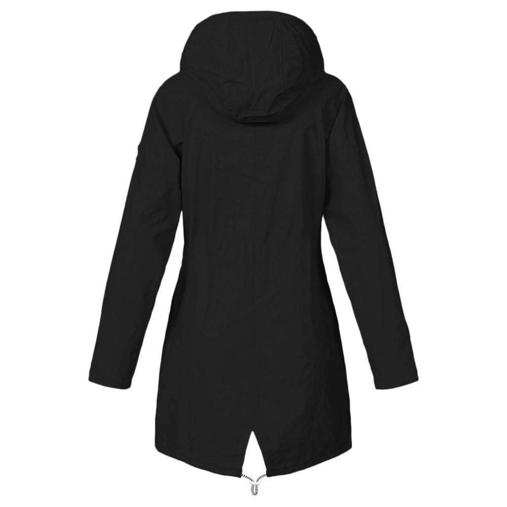 Women Solid Rain Jacket Outdoor Plus Size Waterproof Hooded Windproof Loose Coat