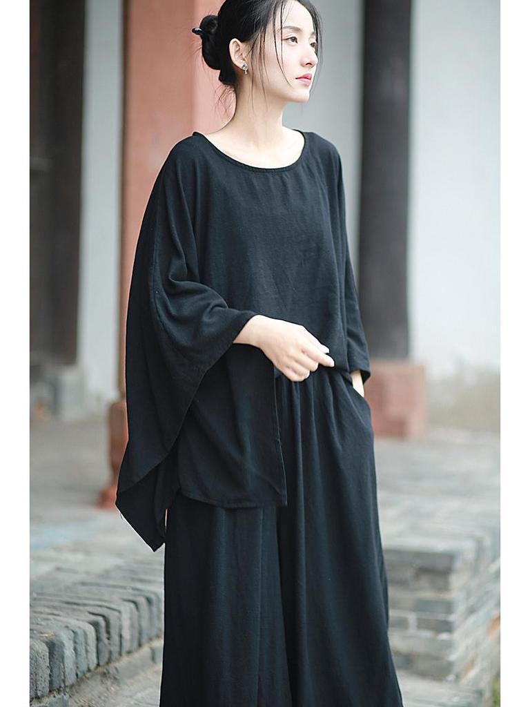 Damski Retro Cool Lniany Zestaw Top & Spodnie z Szerokimi Nogawkami - Dostępny w 3 Kolorach