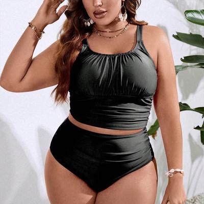 European and American New Solid Color Suspender Large Size Swimsuit Women's Beach Bikini Plus Fat MM Swimsuit