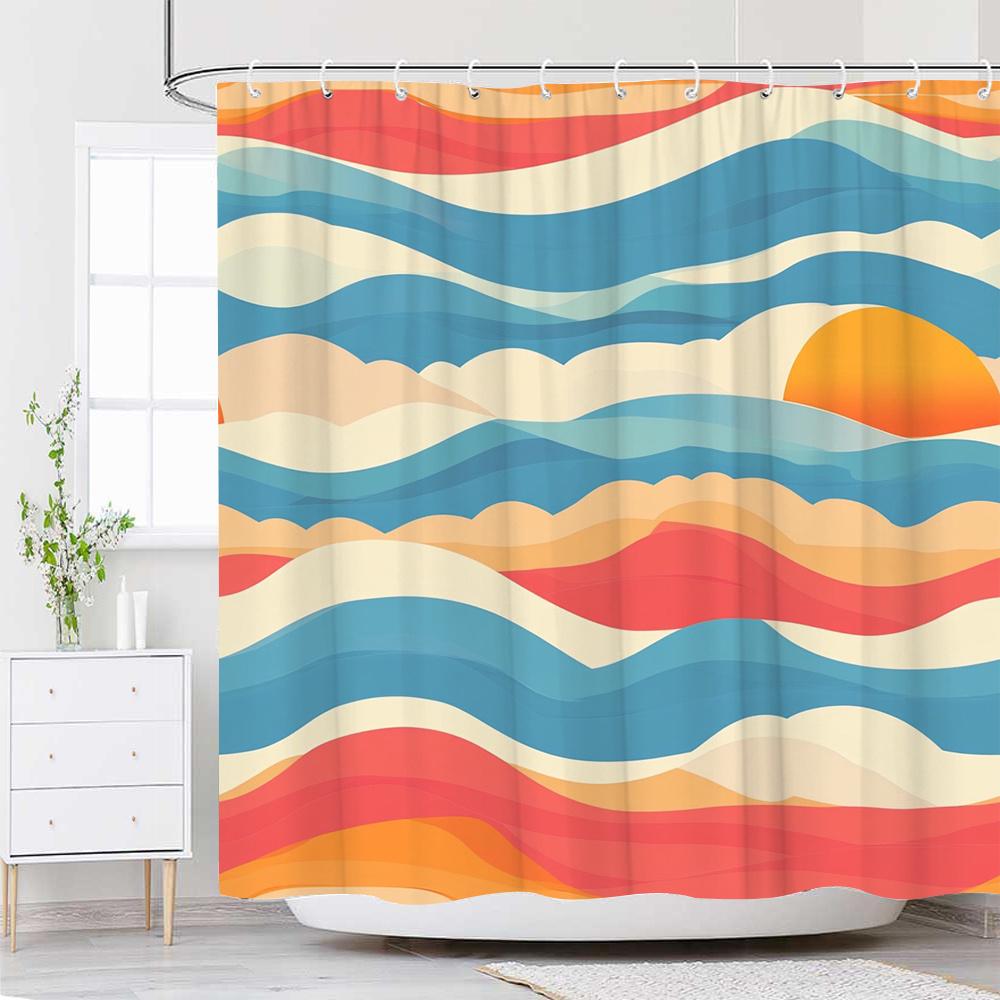 

1Pc Abstract Oceanic Shower Curtain Digital Illustration Blue Orange Red Beige Sunset Clouds Modern Style 12 Hooks 70*70 Inches W60H190(CM)-1 Pcs
