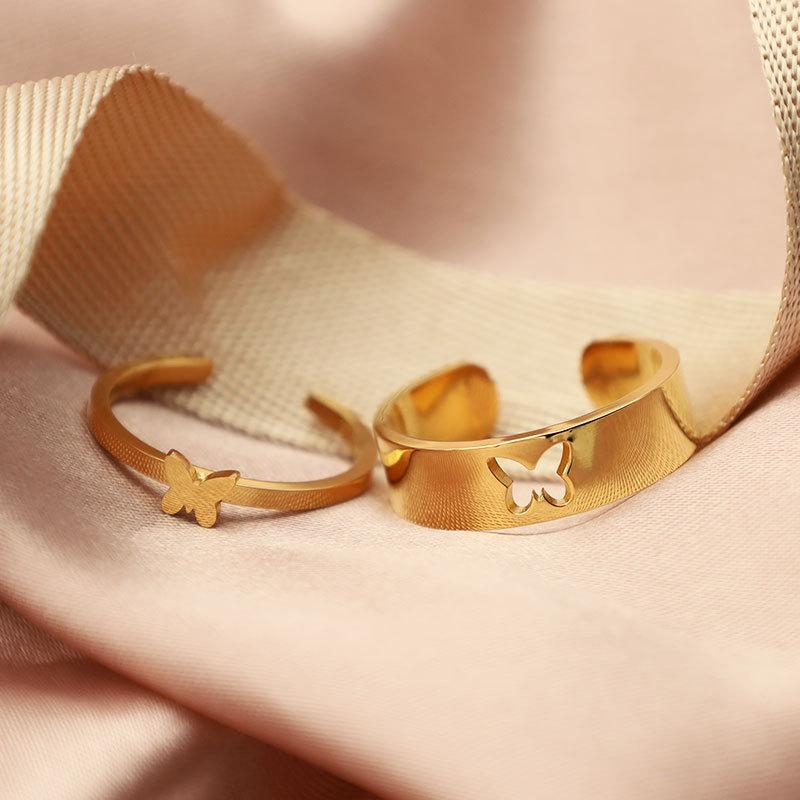 Jewelry Two-Piece Set Butterfly Open Ring Women'S Niche High-End Light Luxury Jewelry 18K Titanium Steel Ring Simple