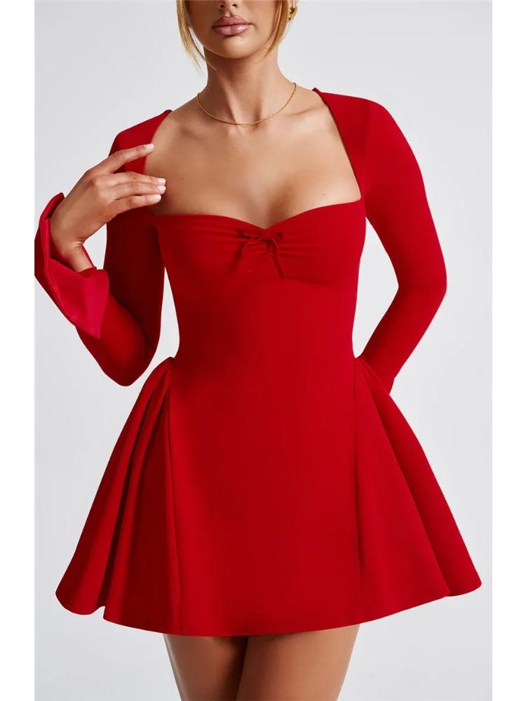 Long Sleeve A-line Sexy Mini Dress for Women Robe Autumn Fall Bow Square Collar Pleated Dress Elegant Dresses