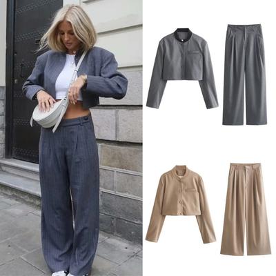 Women's Striped Blazer Top Set Autumn Retro High Waist Women's Loose Office Suit Pants Pleated Zipper Pants 2-piece Set