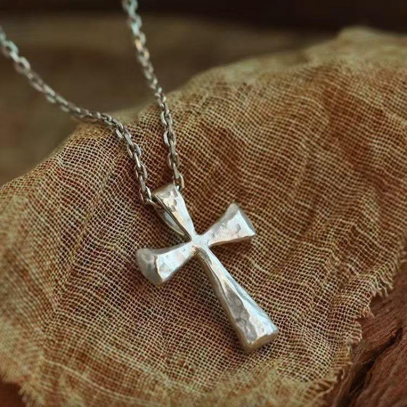 Silver Cross Necklace, Neutral Versatile Hand-Beated Cross Pendant