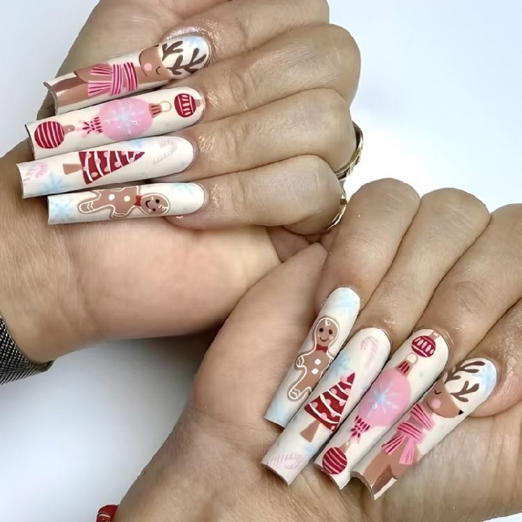 

Long Square Christmas Nail 24Pcs False Nail with Reindeer Snowflake Press on Nail Winter Nail Art Decoration 1