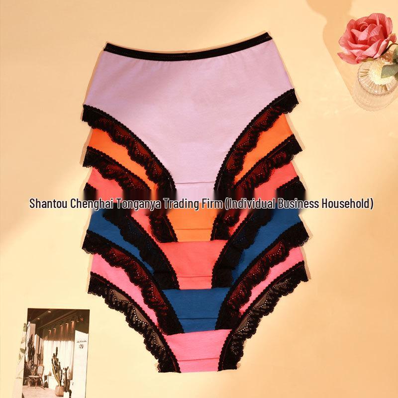 Europeiska och Amerikanska Damers Medelhög Midja Spets Bomulls Trosor - Trendiga, Bekväma, Andningsbara Triangel Briefs
