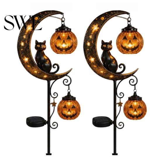 Outdoor Metal Yard Decorations Halloween Solar Garden Stake Light, Black Cat Pumpkin on Crescent Moon with Spooky Pathway Decor Hanging Lantern,