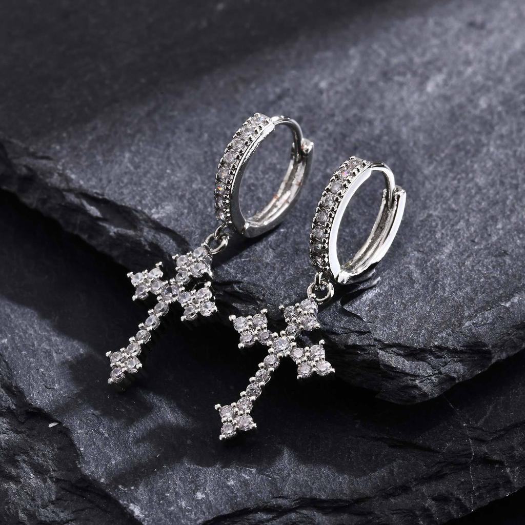 Full Cubic Zirconia Stones Cross Earrings Men Women,sparking Rhinestones Cross Dangle Earrings Gothic Punk Jewelry Gift