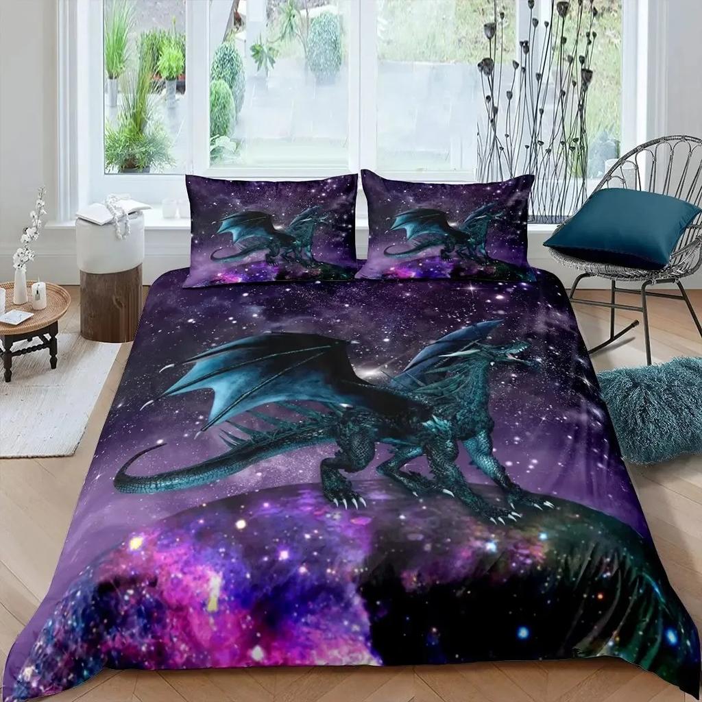 Ice Fire Dragon Duvet Cover Set for Boys Oriental Beast Bedding Set Eastern Auspicious Animals Fairy Tale Comforter Cover
