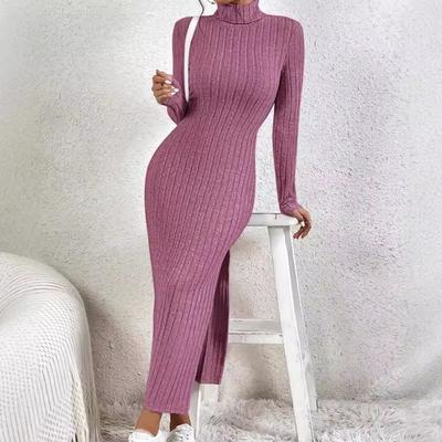 Fashion Slim Sexy Side Slit Midi Dress Women Autumn Winter Solid Turtleneck Bodycon Dress Long Sleeve Elastic Knitted Dresses