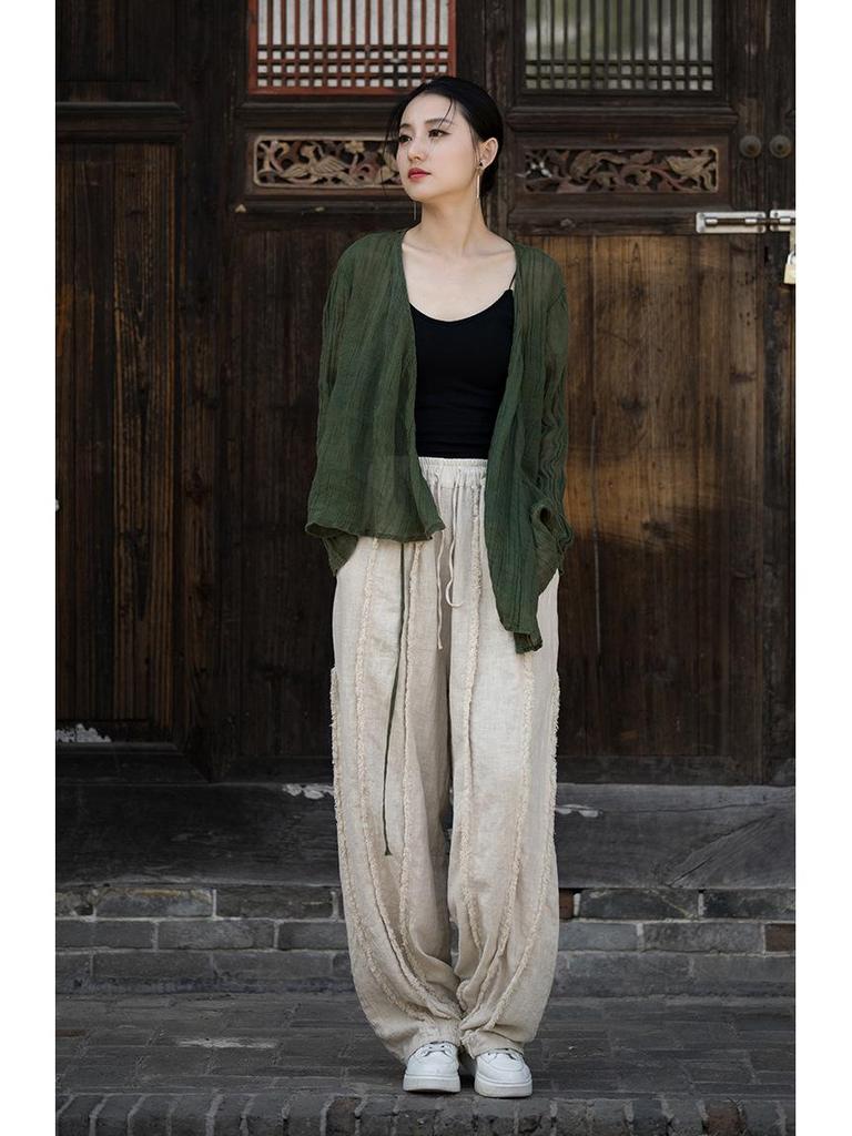 Women's Spring & Summer Ramie Flannel Pants - National Style, Improved Chinese Straight Cut with Drawstring.