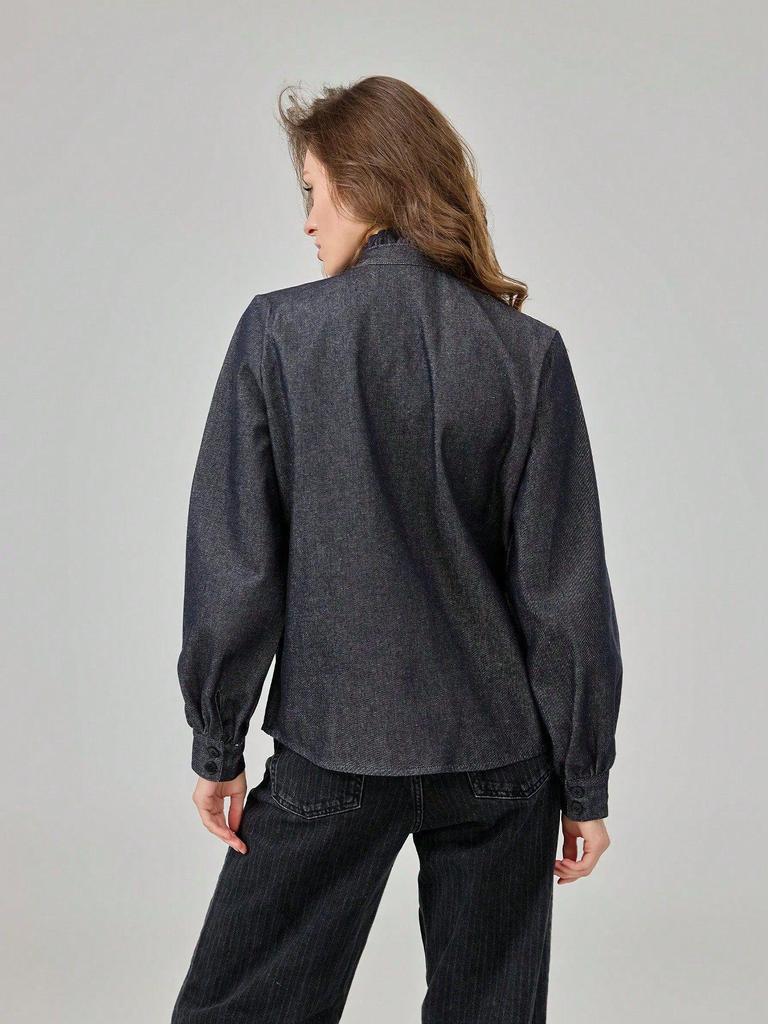 Women's Versatile Bow-Accent Long Sleeve Denim Shirt