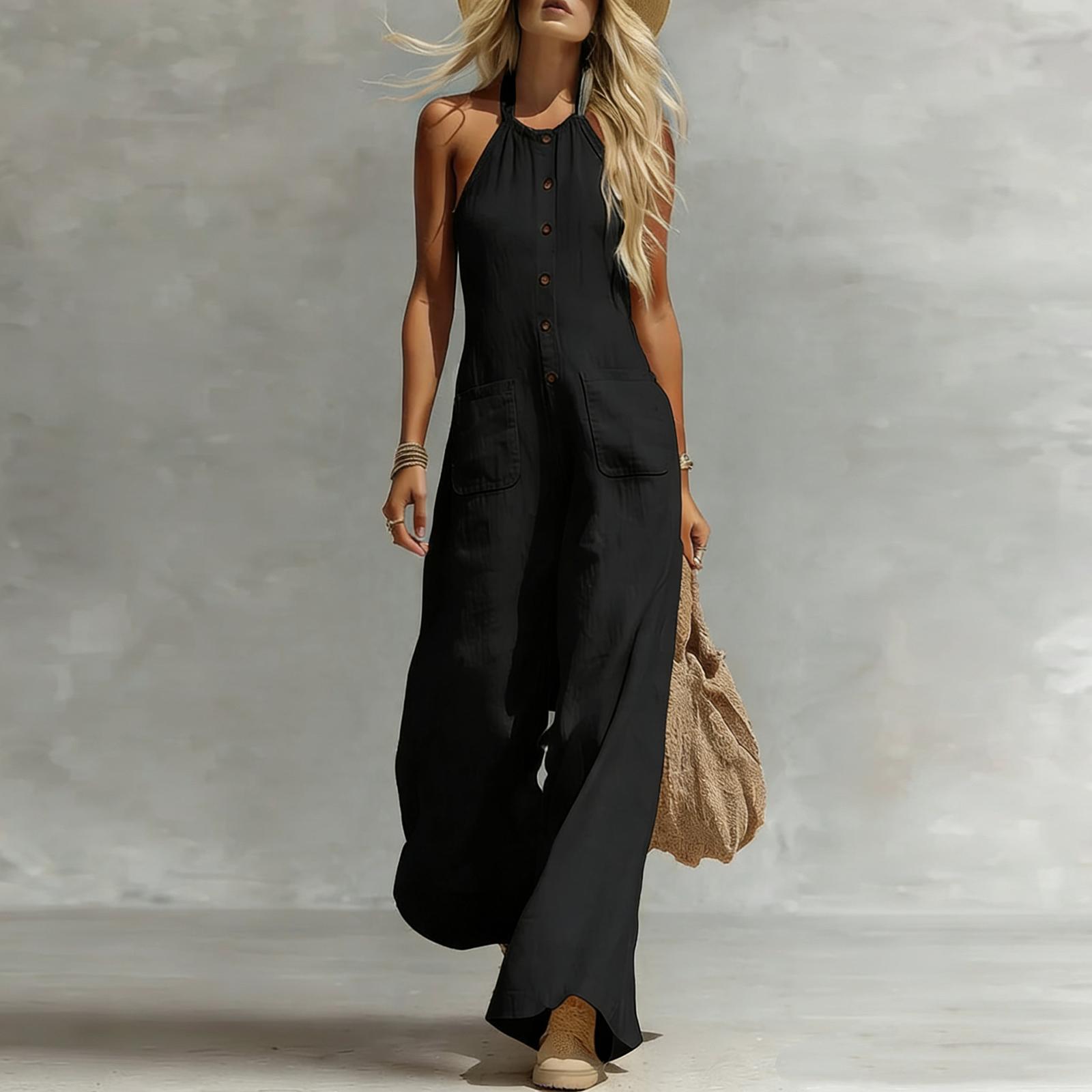 Women s Fashionable V-neck Button Sleeveless Pocket Strap Cotton And Linen Casual Jumpsuit L