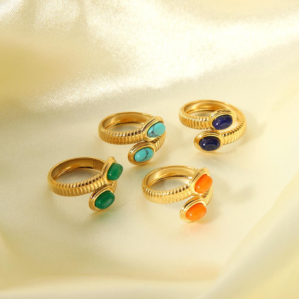 Vintage Turquoise Adjustable Chunky Rings for Women Stainless Steel Natural Gemstones Open Ring Gold Color Jewelry Birthday Gift