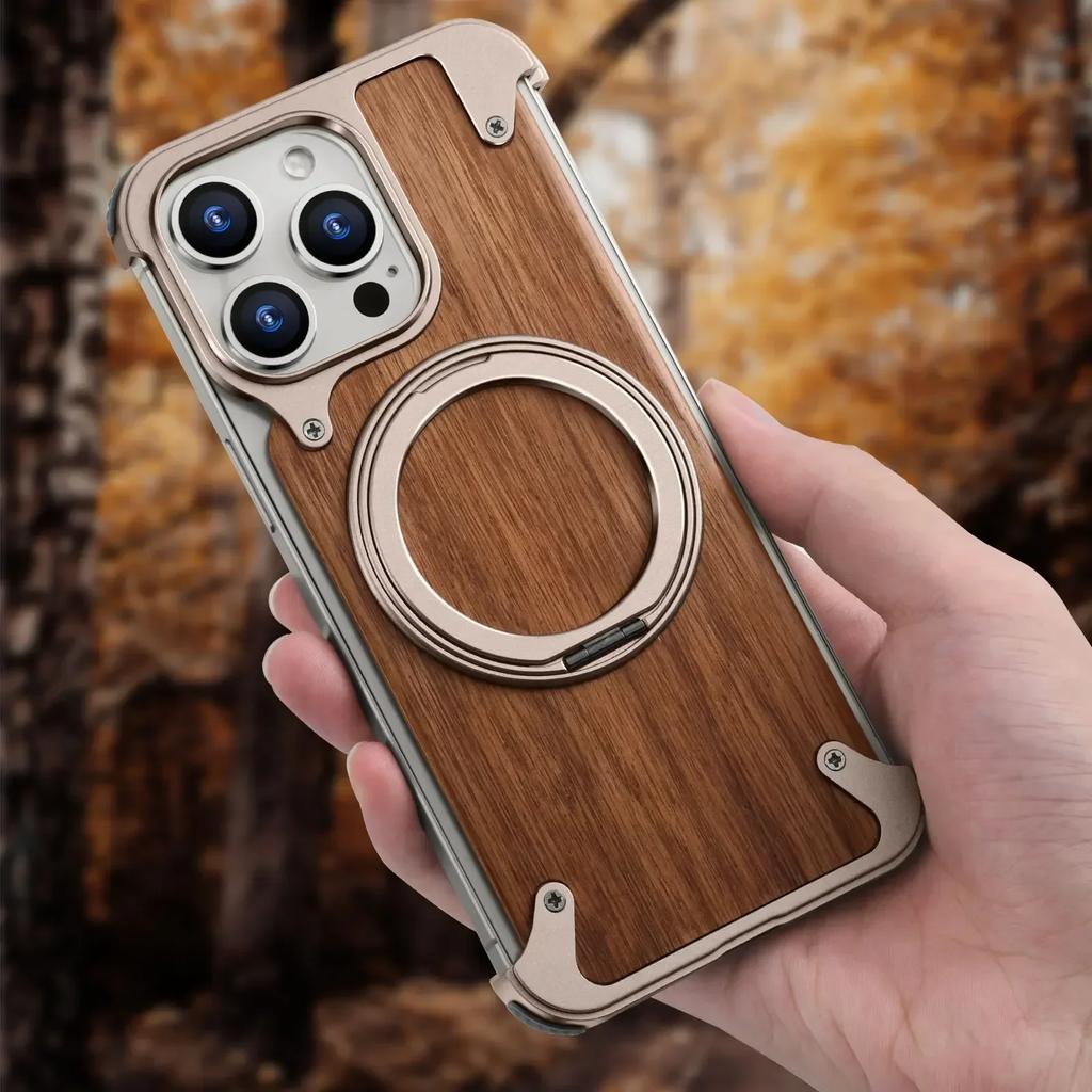 Oatsbasf Solid Wooden Phone Case for iPhone 17 Pro Max/Air/16 Pro with Stand 360° Rotatable Magnetic Shockproof Protective Cover