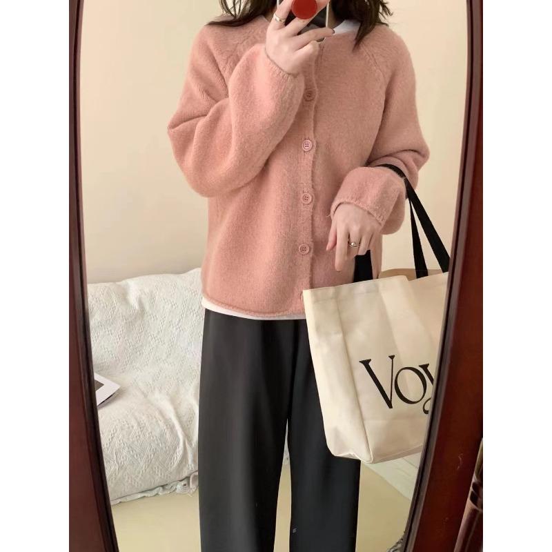 Small Fresh Solid Color Knitted Cardigan for Women's New Spring and Autumn with Loose Lazy Style Round Neck Shoulder Jacket for Women